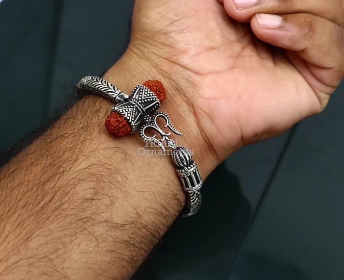TRIBAL ORNAMENTS Bracelets Divine Lord Shiva trident trishul trishool kada 925 Sterling silver handmade bangle bracelet with natural Rudraksha magical kada nsk492