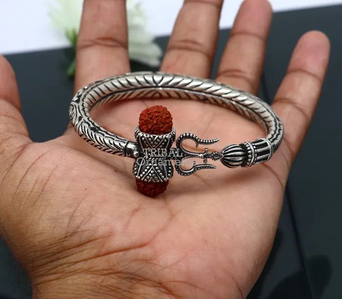 TRIBAL ORNAMENTS Bracelets Divine Lord Shiva trident trishul trishool kada 925 Sterling silver handmade bangle bracelet with natural Rudraksha magical kada nsk492