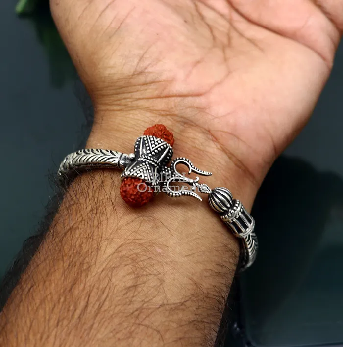 TRIBAL ORNAMENTS Bracelets Divine Lord Shiva trident trishul trishool kada 925 Sterling silver handmade bangle bracelet with natural Rudraksha magical kada nsk492