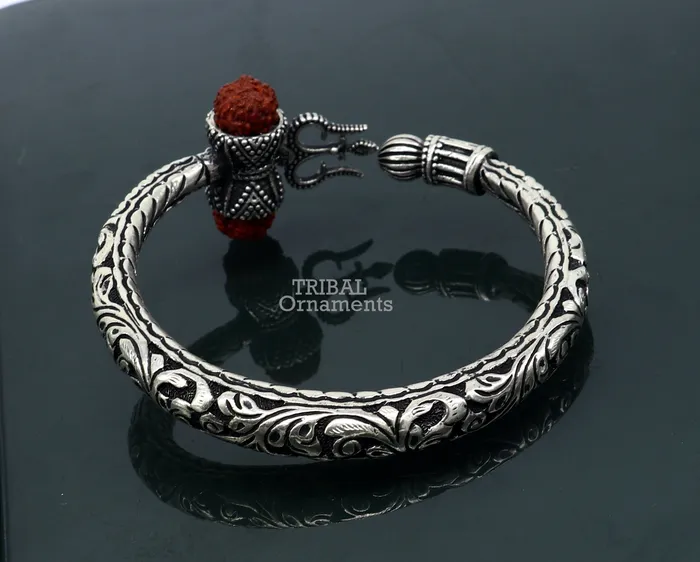 TRIBAL ORNAMENTS Bracelets Divine Lord Shiva trident trishul trishool kada 925 Sterling silver handmade bangle bracelet with natural Rudraksha magical kada nsk492