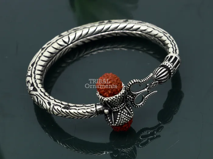 TRIBAL ORNAMENTS Bracelets Divine Lord Shiva trident trishul trishool kada 925 Sterling silver handmade bangle bracelet with natural Rudraksha magical kada nsk492