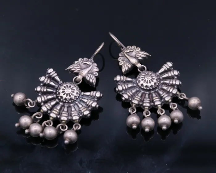 TRIBAL ORNAMENTS Earrings 925 sterling silver handmade Vintage antique design gorgeous hoops earrings hanging jingle bells tribal jewelry s354
