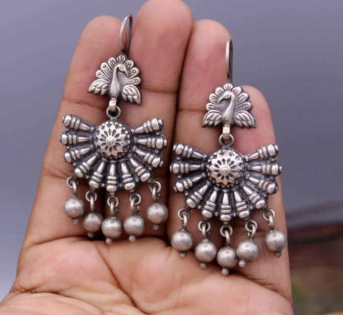 TRIBAL ORNAMENTS Earrings 925 sterling silver handmade Vintage antique design gorgeous hoops earrings hanging jingle bells tribal jewelry s354
