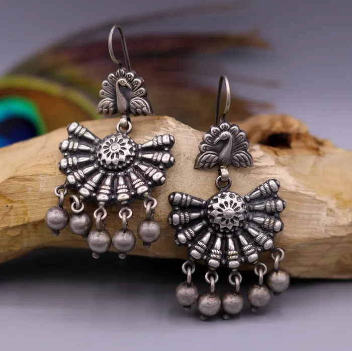 TRIBAL ORNAMENTS Earrings 925 sterling silver handmade Vintage antique design gorgeous hoops earrings hanging jingle bells tribal jewelry s354