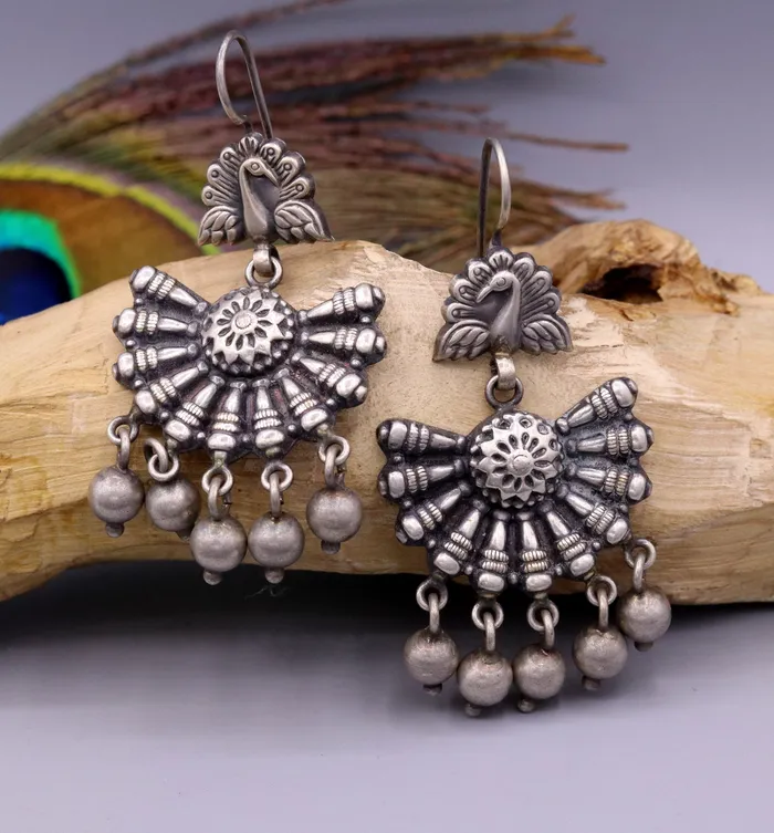 TRIBAL ORNAMENTS Earrings 925 sterling silver handmade Vintage antique design gorgeous hoops earrings hanging jingle bells tribal jewelry s354