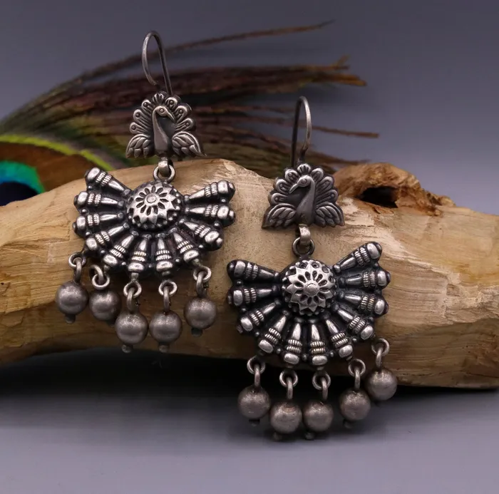 TRIBAL ORNAMENTS Earrings 925 sterling silver handmade Vintage antique design gorgeous hoops earrings hanging jingle bells tribal jewelry s354