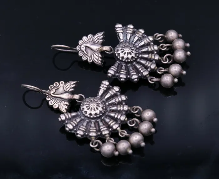 TRIBAL ORNAMENTS Earrings 925 sterling silver handmade Vintage antique design gorgeous hoops earrings hanging jingle bells tribal jewelry s354