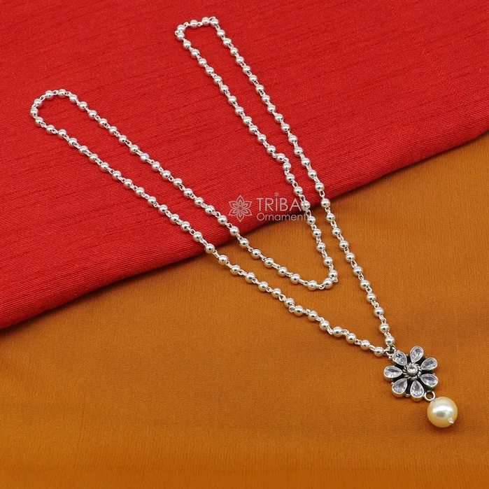 TRIBAL ORNAMENTS Necklaces Traditional cultural trendy 925 sterling silver plain beads ball chain necklace with flower design pendant and hanging pearl jewelry set578 TRIBAL ORNAMENTS Necklaces Traditional cultural trendy 925 sterling silver plain beads ball chain necklace with flower design pendant and hanging pearl jewelry set578