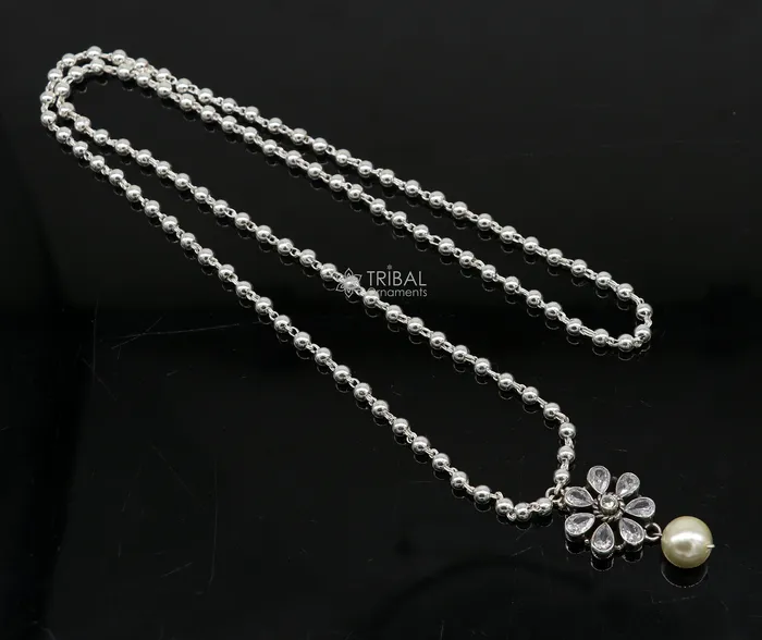TRIBAL ORNAMENTS Necklaces Traditional cultural trendy 925 sterling silver plain beads ball chain necklace with flower design pendant and hanging pearl jewelry set578 TRIBAL ORNAMENTS Necklaces Traditional cultural trendy 925 sterling silver plain beads ball chain necklace with flower design pendant and hanging pearl jewelry set578