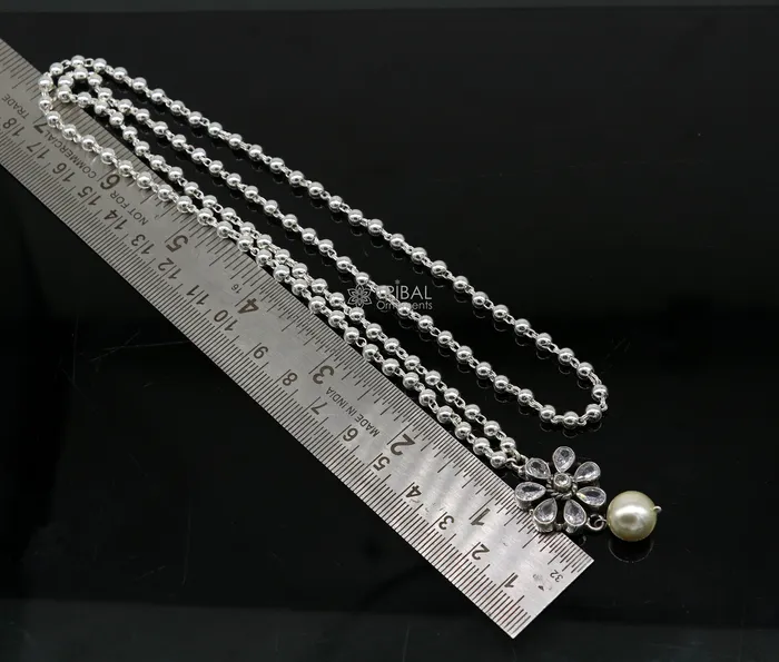 TRIBAL ORNAMENTS Necklaces Traditional cultural trendy 925 sterling silver plain beads ball chain necklace with flower design pendant and hanging pearl jewelry set578 TRIBAL ORNAMENTS Necklaces Traditional cultural trendy 925 sterling silver plain beads ball chain necklace with flower design pendant and hanging pearl jewelry set578