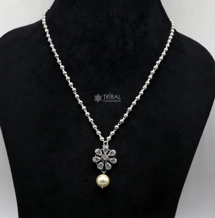 TRIBAL ORNAMENTS Necklaces Traditional cultural trendy 925 sterling silver plain beads ball chain necklace with flower design pendant and hanging pearl jewelry set578 TRIBAL ORNAMENTS Necklaces Traditional cultural trendy 925 sterling silver plain beads ball chain necklace with flower design pendant and hanging pearl jewelry set578