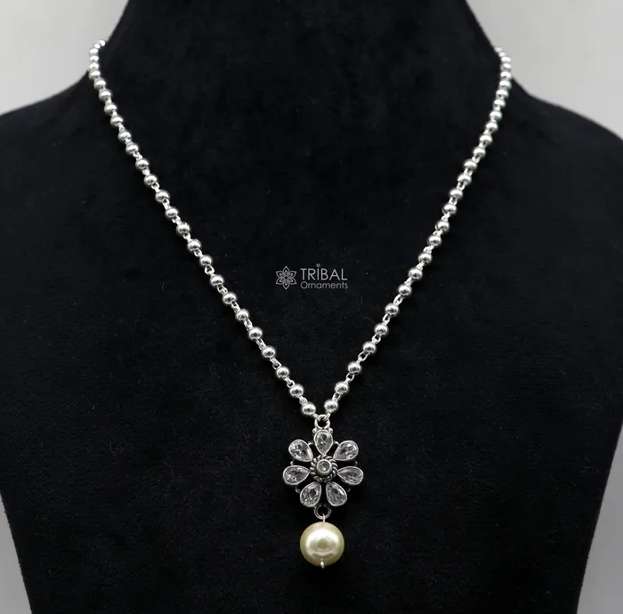 TRIBAL ORNAMENTS Necklaces Traditional cultural trendy 925 sterling silver plain beads ball chain necklace with flower design pendant and hanging pearl jewelry set578 TRIBAL ORNAMENTS Necklaces Traditional cultural trendy 925 sterling silver plain beads ball chain necklace with flower design pendant and hanging pearl jewelry set578