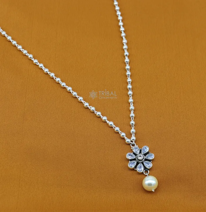 TRIBAL ORNAMENTS Necklaces Traditional cultural trendy 925 sterling silver plain beads ball chain necklace with flower design pendant and hanging pearl jewelry set578 TRIBAL ORNAMENTS Necklaces Traditional cultural trendy 925 sterling silver plain beads ball chain necklace with flower design pendant and hanging pearl jewelry set578