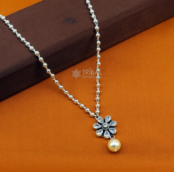 TRIBAL ORNAMENTS Necklaces Traditional cultural trendy 925 sterling silver plain beads ball chain necklace with flower design pendant and hanging pearl jewelry set578 TRIBAL ORNAMENTS Necklaces Traditional cultural trendy 925 sterling silver plain beads ball chain necklace with flower design pendant and hanging pearl jewelry set578