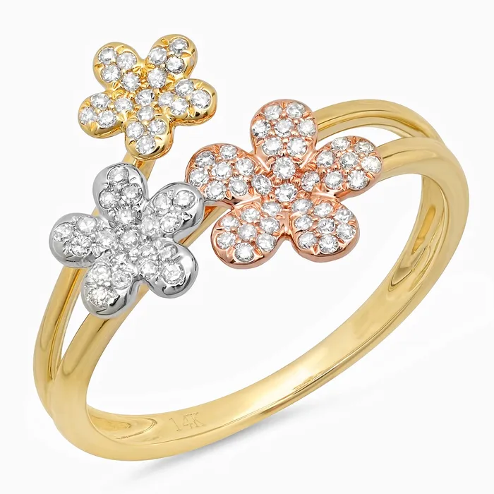 14K Yellow Gold Ring with 3 Diamond Flowers White Yellow Rose Meierotto Jewelers Rings 14K Yellow Gold Ring with 3 Diamond Flowers White Yellow Rose Meierotto Jewelers Rings