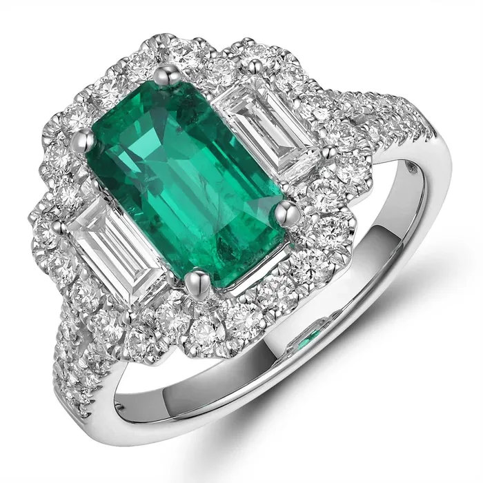 18K White Gold Emerald Cut Emerald Ring with Halo and Baguettes and Round Diamonds Meierotto Jewelers Rings 18K White Gold Emerald Cut Emerald Ring with Halo and Baguettes and Round Diamonds Meierotto Jewelers Rings