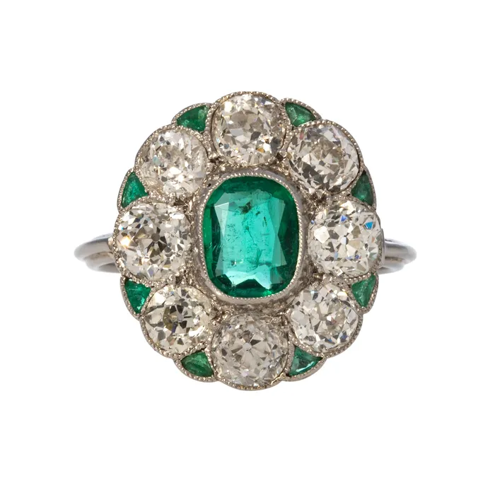 Art Deco Cushion Emerald Old Mine Cut Diamond Cluster Platinum Ring Croghans Rings Art Deco Cushion Emerald Old Mine Cut Diamond Cluster Platinum Ring Croghans Rings