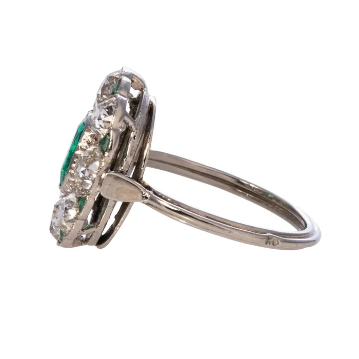 Art Deco Cushion Emerald Old Mine Cut Diamond Cluster Platinum Ring Croghans Rings
