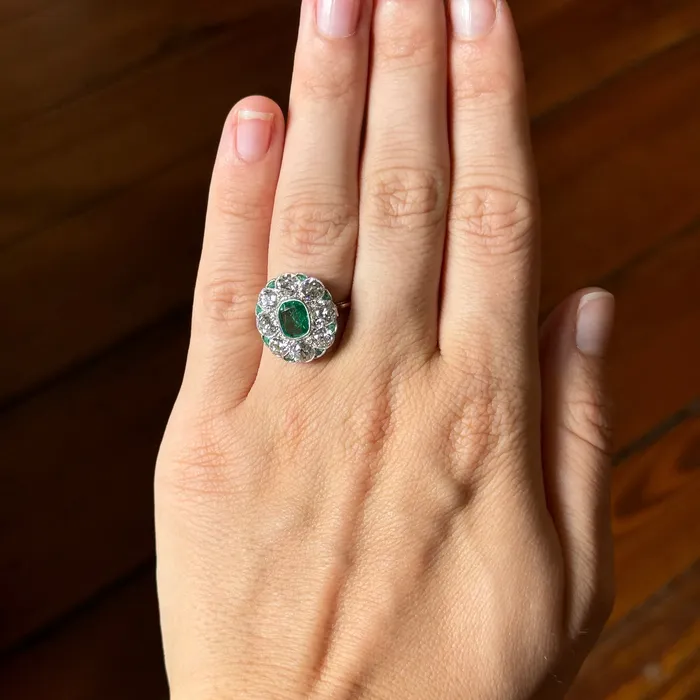 Art Deco Cushion Emerald Old Mine Cut Diamond Cluster Platinum Ring Croghans Rings