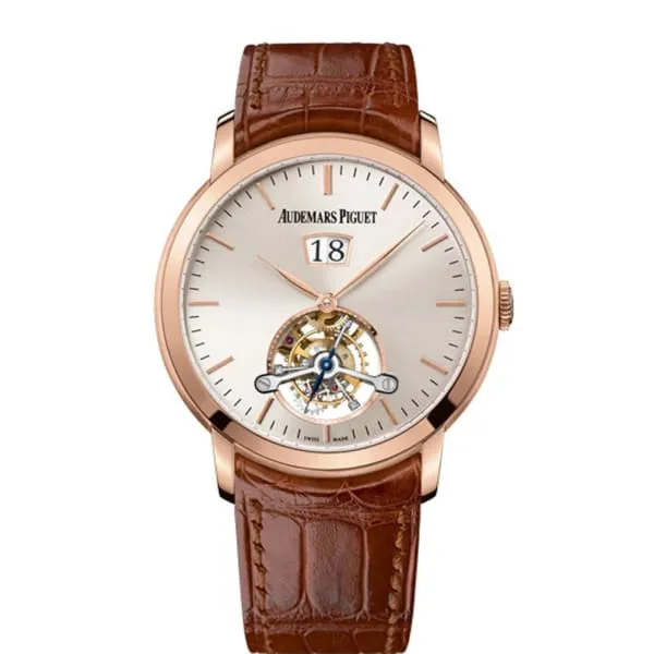 Audemars Piguet Jules Audemars Tourbillon Grande Date 41mm Mens Watch Ref 26559OROOD088CR01 Silver Dial in 18K Rose Gold Case Brown Alligator Strap Audemars Piguet Earrings Audemars Piguet Jules Audemars Tourbillon Grande Date 41mm Mens Watch Ref 26559OROOD088CR01 Silver Dial in 18K Rose Gold Case Brown Alligator Strap Audemars Piguet Earrings