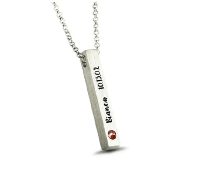 Belbren Necklaces Custom Engraved Sterling Silver 4Sided Bar Necklace with Birthstone Perfect Mothers Day Gift