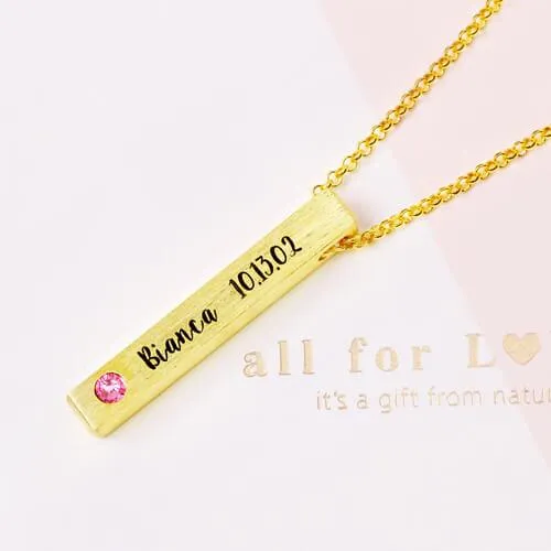 Belbren Necklaces Custom Engraved Sterling Silver 4Sided Bar Necklace with Birthstone Perfect Mothers Day Gift