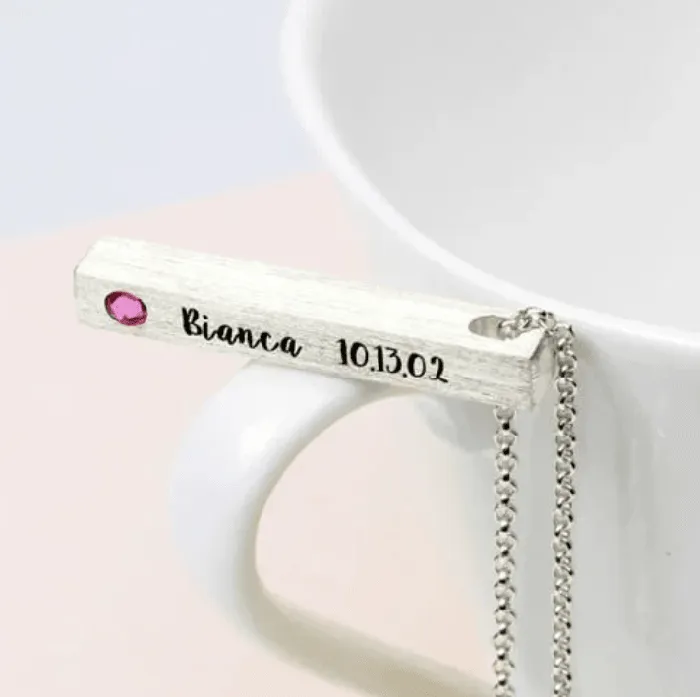 Belbren Necklaces Custom Engraved Sterling Silver 4Sided Bar Necklace with Birthstone Perfect Mothers Day Gift