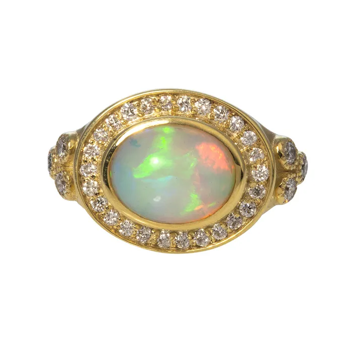 Croghans Rings Oval Cabochon Opal Diamond 14K Yellow Gold Ring