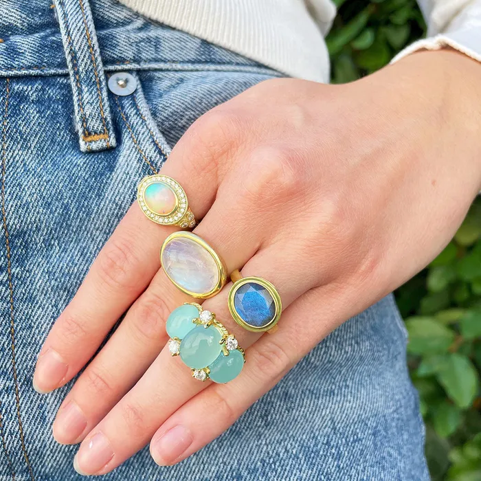 Croghans Rings Oval Cabochon Opal Diamond 14K Yellow Gold Ring