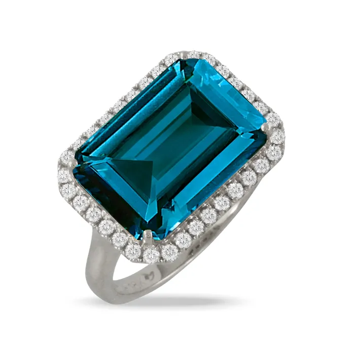 Doves Rings Doves 18K White Gold London Blue Topaz with Diamond Halo Ring Doves Rings Doves 18K White Gold London Blue Topaz with Diamond Halo Ring