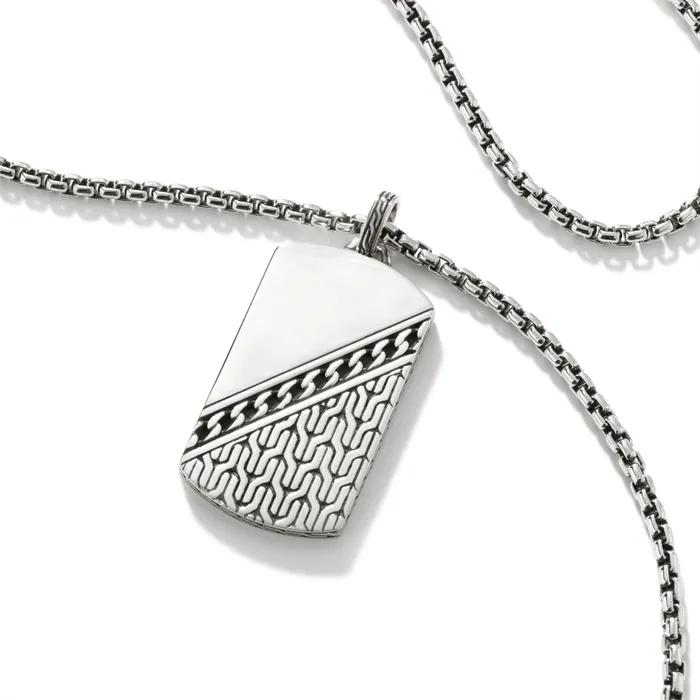 John Hardy Classic Chain Silver Carved Dog Tag Pendant on 27mm Box Chain Necklace John Hardy Necklaces John Hardy Classic Chain Silver Carved Dog Tag Pendant on 27mm Box Chain Necklace John Hardy Necklaces