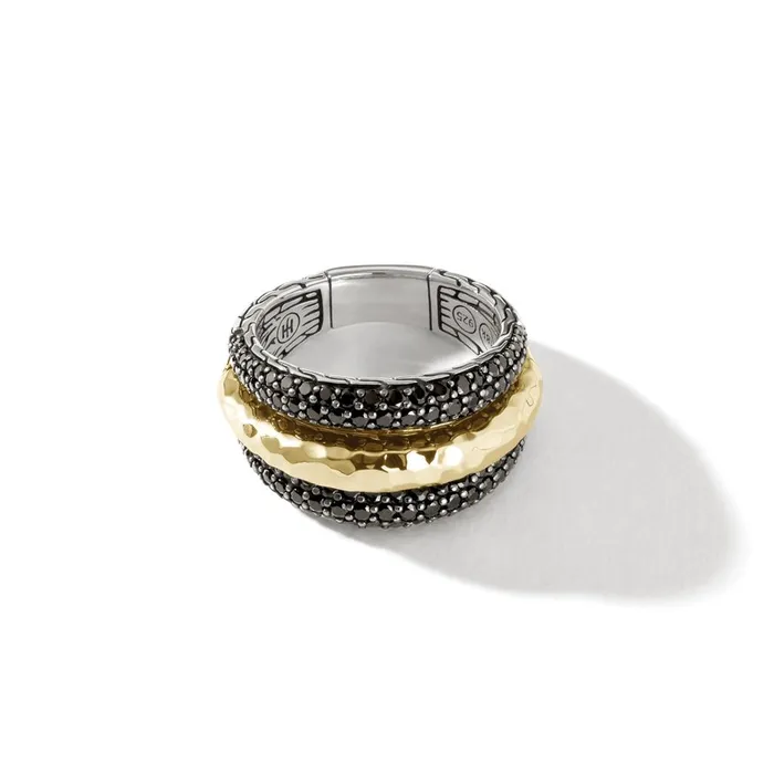 John Hardy Rings John Hardy Classic Chain Silver 18K Gold Hammered 3Row Open Ring with Treated Black Sapphire and Black Spinel John Hardy Rings John Hardy Classic Chain Silver 18K Gold Hammered 3Row Open Ring with Treated Black Sapphire and Black Spinel