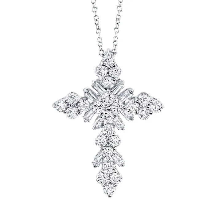 Meierotto Jewelers Necklaces 14K White Gold Round and Baguette Diamond Cross Necklace Meierotto Jewelers Necklaces 14K White Gold Round and Baguette Diamond Cross Necklace