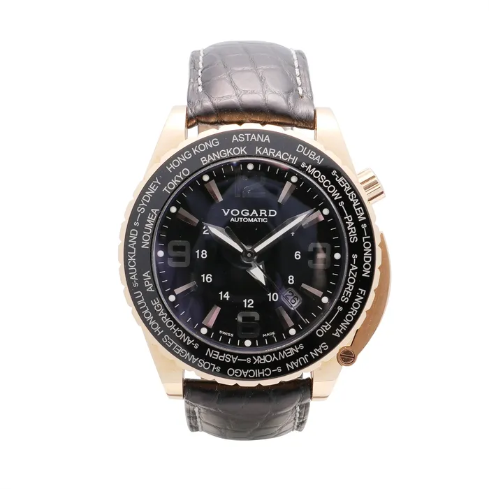 Meierotto Jewelers PreStyled Sets Vogard 18K Gold Edition Watch Black Dial Black Strap GMT 43mm Automatic Preowned Meierotto Jewelers PreStyled Sets Vogard 18K Gold Edition Watch Black Dial Black Strap GMT 43mm Automatic Preowned