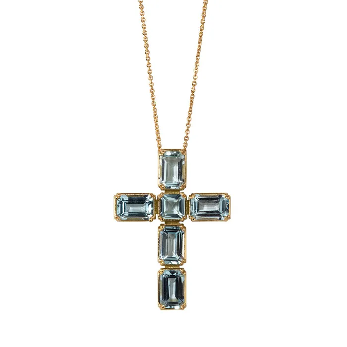 Necklaces Croghans Blue Topaz Cross 18K Gold Pendant Necklace