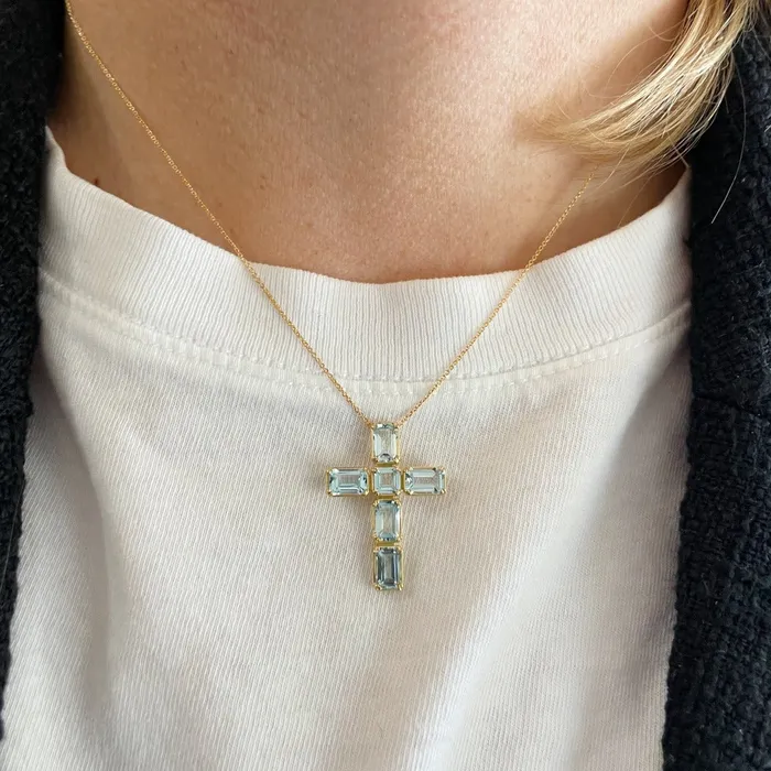 Necklaces Croghans Blue Topaz Cross 18K Gold Pendant Necklace