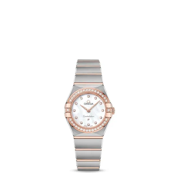 Omega Omega Constellation 25mm Watch Ref 13125256055001 White Mother of Pearl Diamond Index Dial Diamond Bezel Two Tone Stainless Steel 18K Rose Gold Bracelet Bracelets Omega Omega Constellation 25mm Watch Ref 13125256055001 White Mother of Pearl Diamond Index Dial Diamond Bezel Two Tone Stainless Steel 18K Rose Gold Bracelet Bracelets