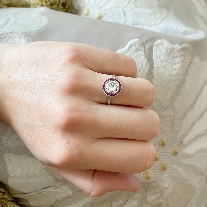 Rings Croghans Art Deco 188ct Round Brilliant Diamond Ruby Platinum Ring