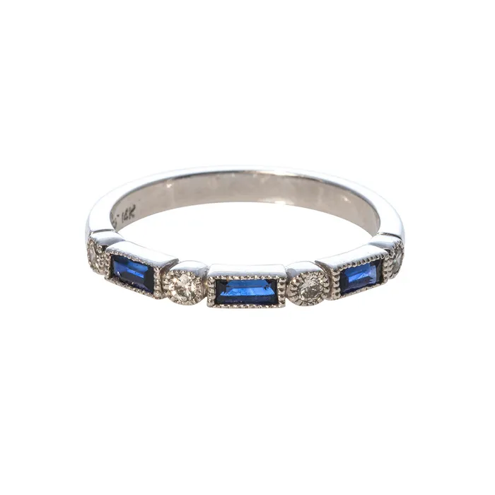 Rings Croghans Baguette Sapphire Diamond Milgrain Halfway 14K Gold Band Rings Croghans Baguette Sapphire Diamond Milgrain Halfway 14K Gold Band