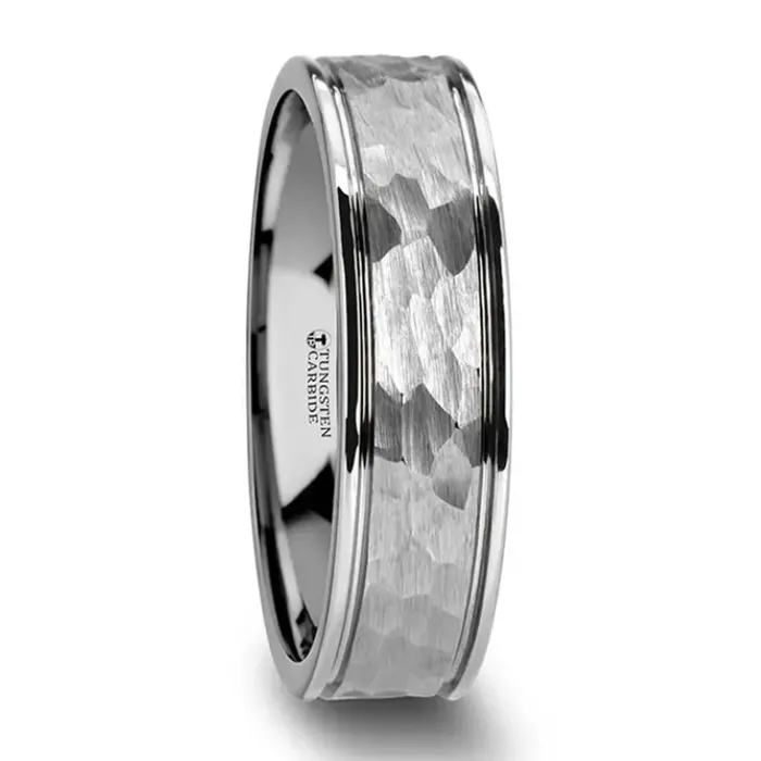 Rings Mens Bands Hammered White Tungsten Carbide 6mm Band