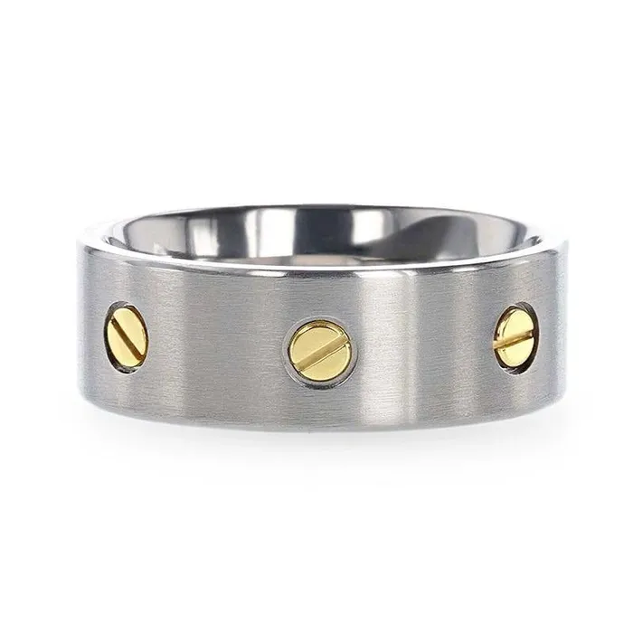 Rings Mens Bands Titanium Flat Brushed Finish Ring with Rotating Screw Design Rings Mens Bands Titanium Flat Brushed Finish Ring with Rotating Screw Design