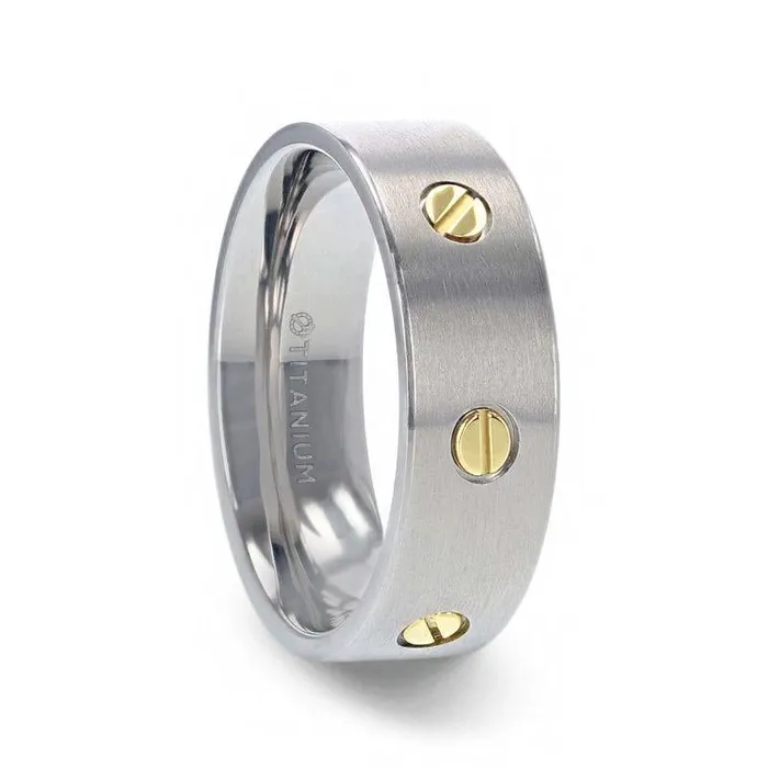 Rings Mens Bands Titanium Flat Brushed Finish Ring with Rotating Screw Design Rings Mens Bands Titanium Flat Brushed Finish Ring with Rotating Screw Design
