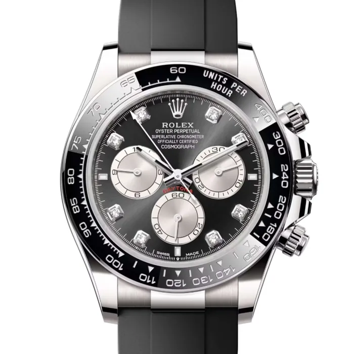 Rolex Bracelets Rolex Cosmograph Daytona 40mm Ref 126519LN Bright Black Steel Diamond Dial Ceramic Bezel 18K White Gold Case Black Oysterflex Bracelet Mens Watch