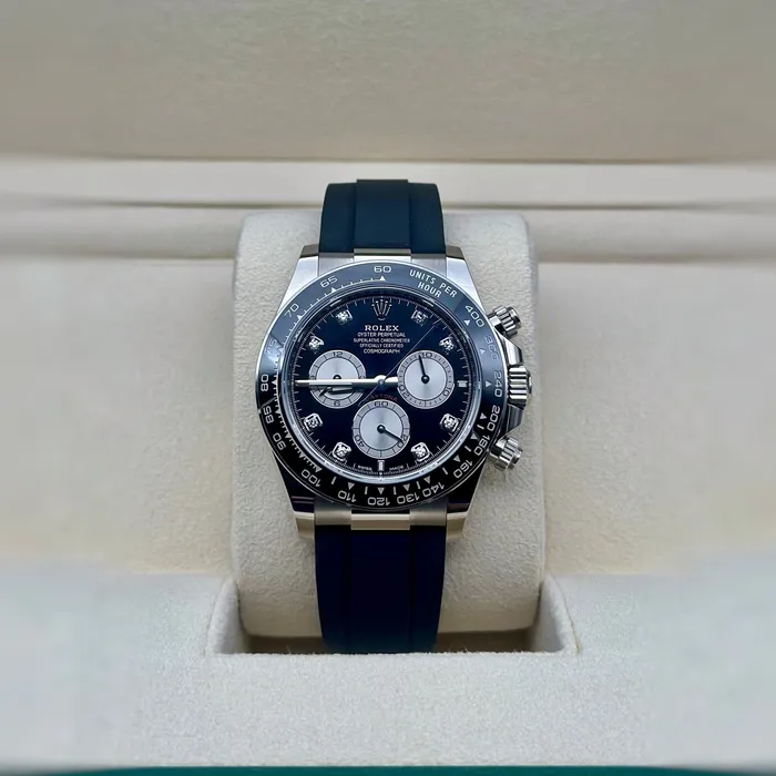 Rolex Bracelets Rolex Cosmograph Daytona 40mm Ref 126519LN Bright Black Steel Diamond Dial Ceramic Bezel 18K White Gold Case Black Oysterflex Bracelet Mens Watch