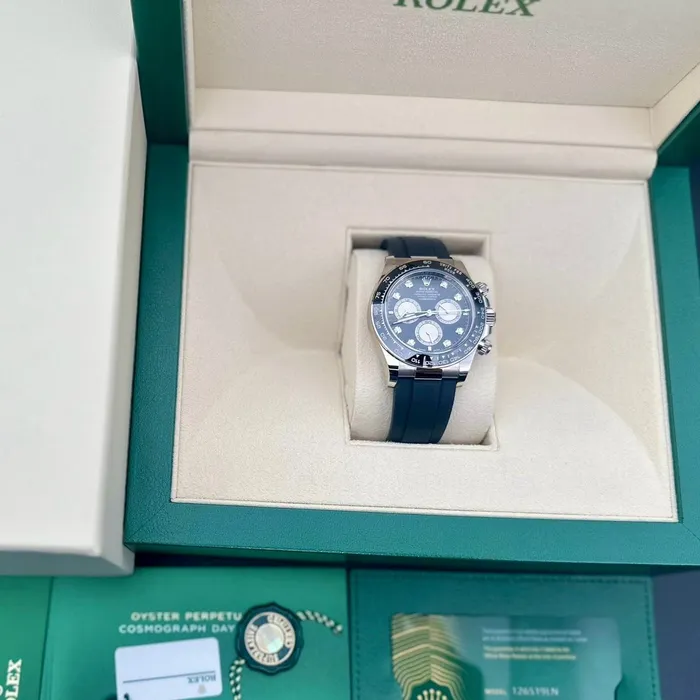 Rolex Bracelets Rolex Cosmograph Daytona 40mm Ref 126519LN Bright Black Steel Diamond Dial Ceramic Bezel 18K White Gold Case Black Oysterflex Bracelet Mens Watch