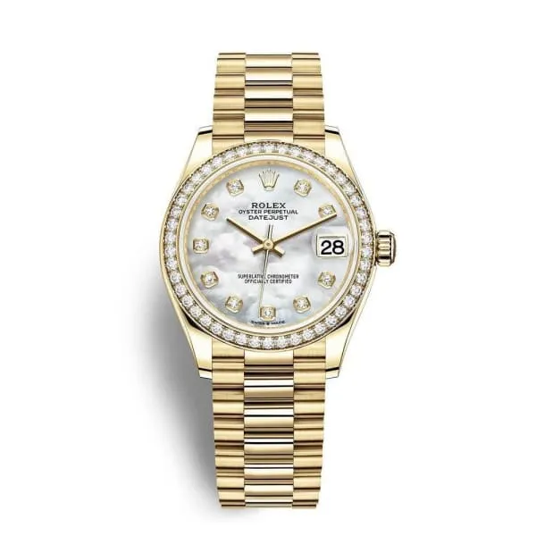 Rolex Bracelets Rolex Datejust 31mm Ref 278288rbr0006 White Mother of Pearl Diamond Dial Diamond Bezel 18K Yellow Gold President Bracelet Womens Watch Rolex Bracelets Rolex Datejust 31mm Ref 278288rbr0006 White Mother of Pearl Diamond Dial Diamond Bezel 18K Yellow Gold President Bracelet Womens Watch