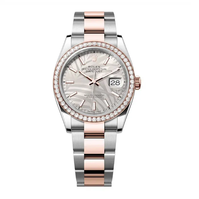 Rolex Bracelets Rolex Datejust 36mm Ref 126281rbr0020 Silver Palm Motif Dial Diamond Bezel Two Tone Stainless Steel 18K Rose Gold Oyster Bracelet Watch Rolex Bracelets Rolex Datejust 36mm Ref 126281rbr0020 Silver Palm Motif Dial Diamond Bezel Two Tone Stainless Steel 18K Rose Gold Oyster Bracelet Watch