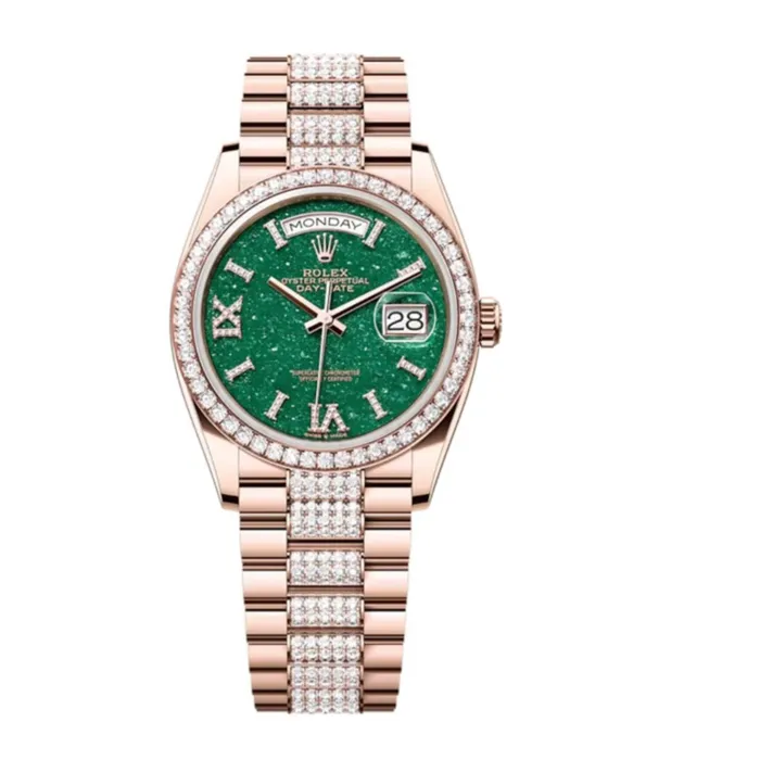 Rolex Bracelets Rolex Day Date 36mm Ref 128345RBR Green Aventurine Roman Diamond Dial Diamond Bezel 18K Rose Gold Diamonds President Bracelet Watch Rolex Bracelets Rolex Day Date 36mm Ref 128345RBR Green Aventurine Roman Diamond Dial Diamond Bezel 18K Rose Gold Diamonds President Bracelet Watch