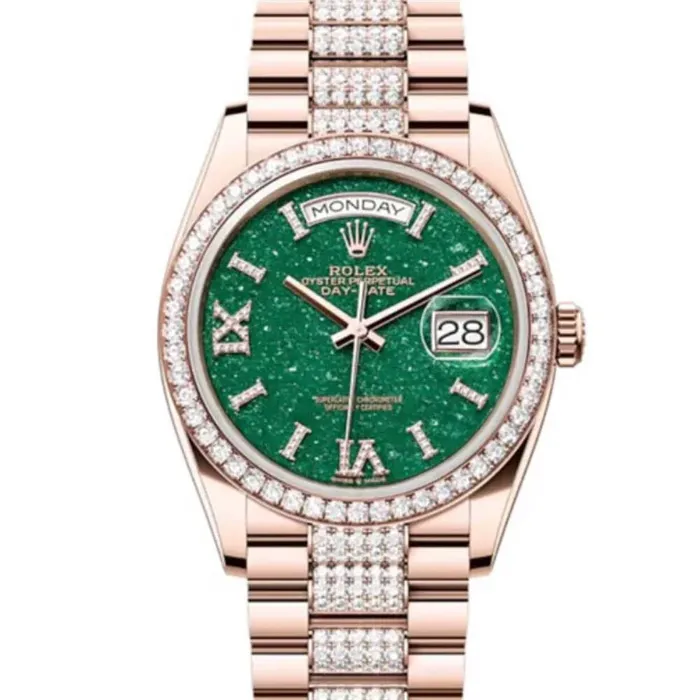 Rolex Bracelets Rolex Day Date 36mm Ref 128345RBR Green Aventurine Roman Diamond Dial Diamond Bezel 18K Rose Gold Diamonds President Bracelet Watch