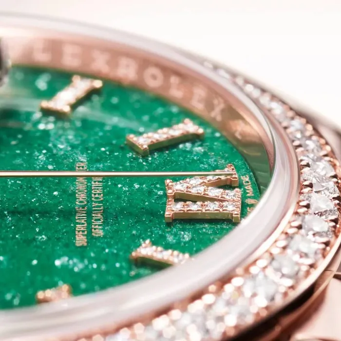 Rolex Bracelets Rolex Day Date 36mm Ref 128345RBR Green Aventurine Roman Diamond Dial Diamond Bezel 18K Rose Gold Diamonds President Bracelet Watch